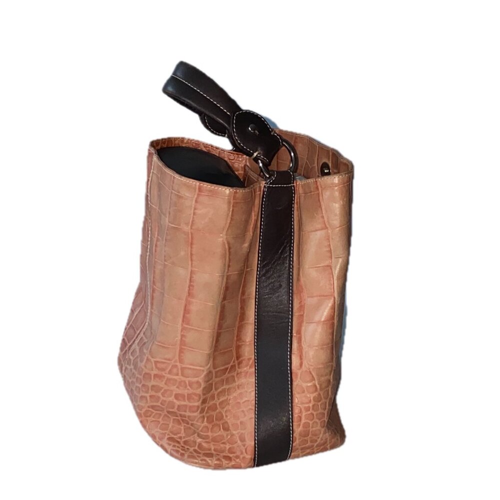 Puntotres Bucket Bag Croc Embossed Leather Pale Sand Brown Accents EUC - Picture 4 of 12